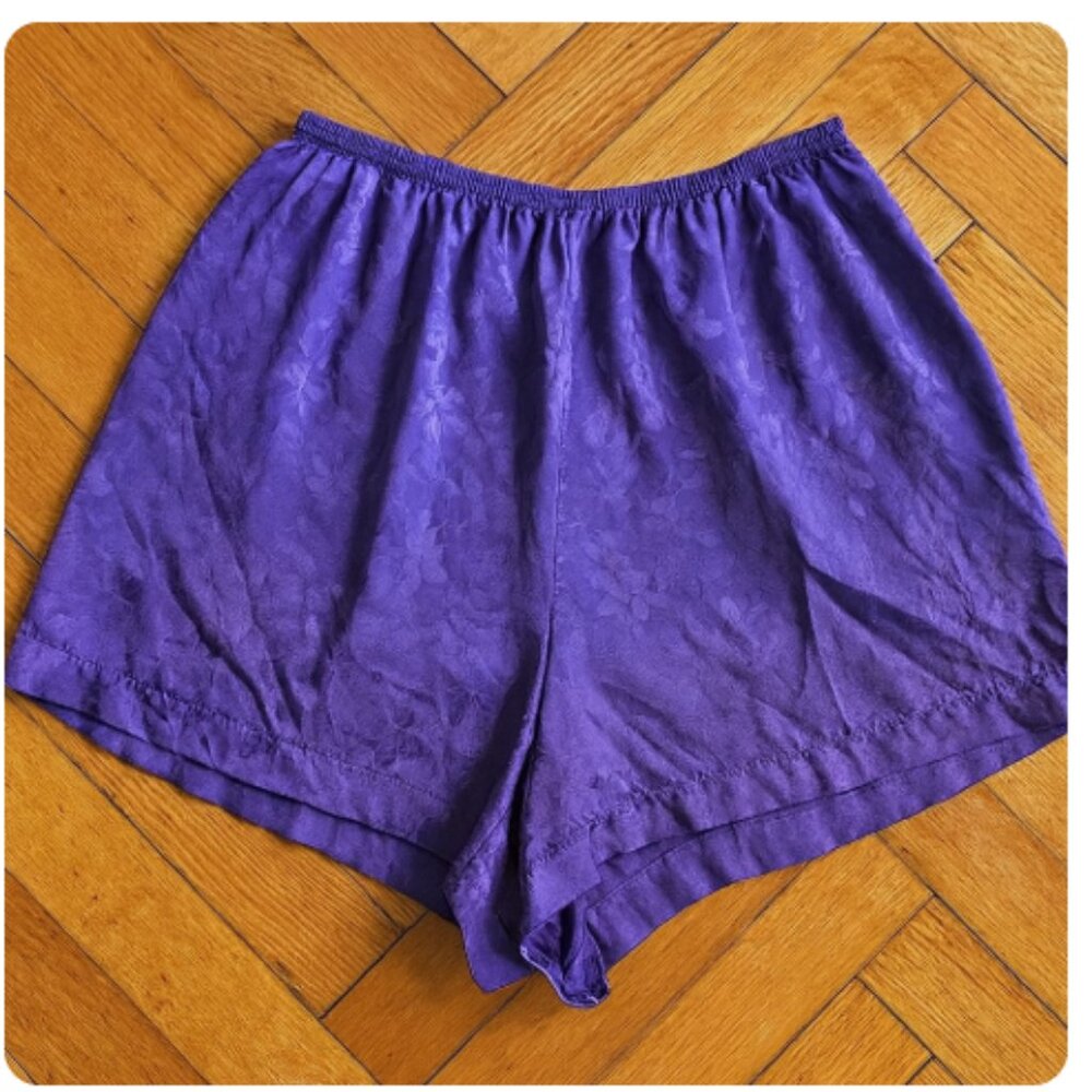 Vintage High Rise Silky Floral Elastic Waist Satin Pull On Shorts Size Large